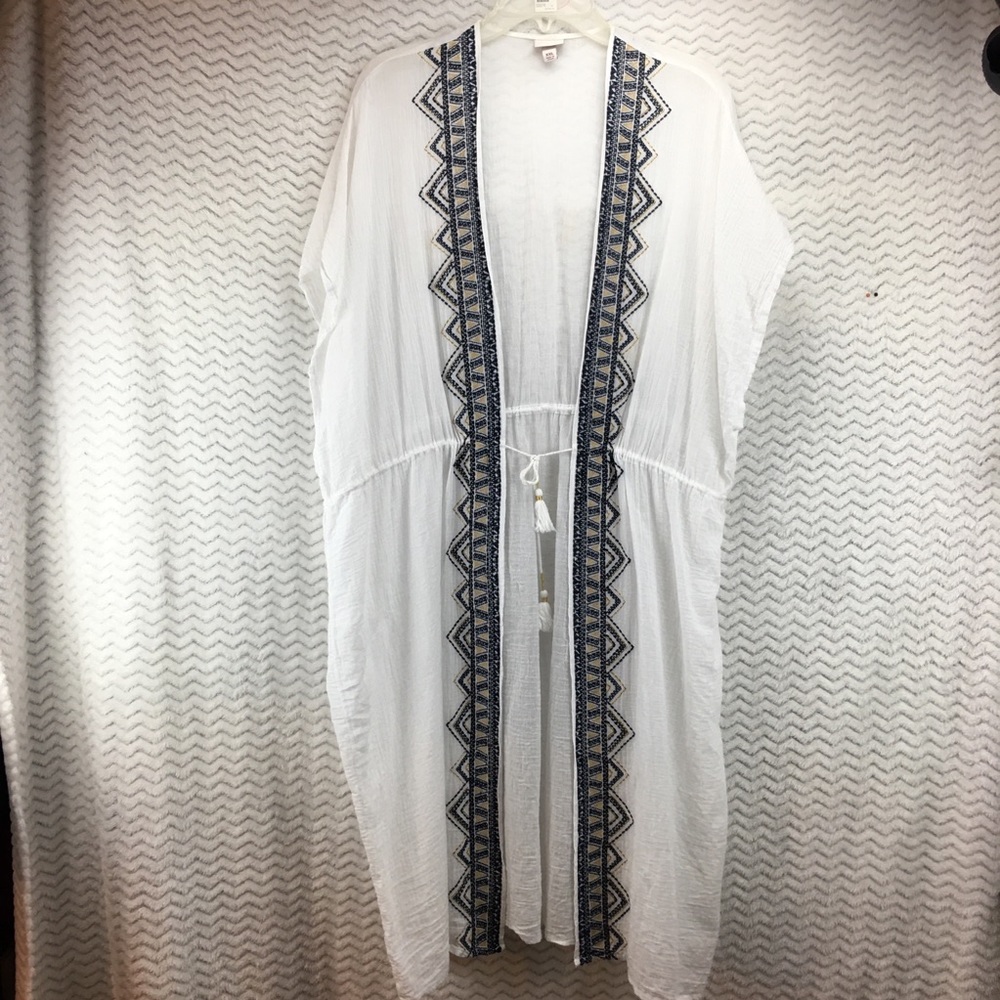Medina 3/4 length duster/ swimsuit coverup white with blue and gold accents
